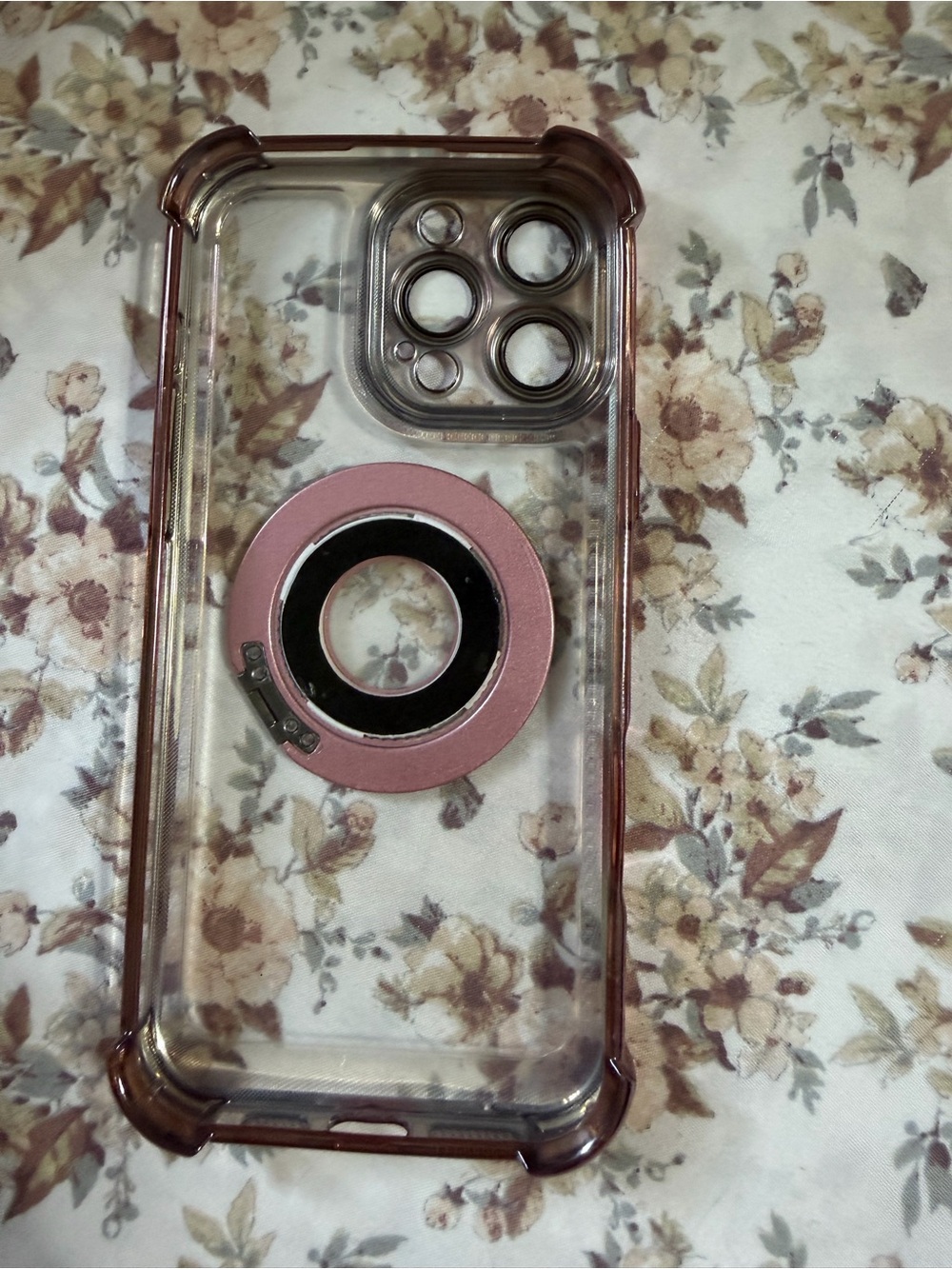 Amazon Clear Phone Case with Pink Ring Grip and Rose-Trim Edges 16 pro max